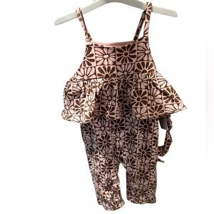 Grayson mini Pink And Brown Floral Ribbed‎ Ruffle Romper Jumpsuit 6-9 New Girls